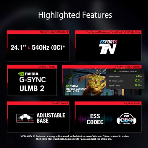 ASUS ROG Swift Pro PG248QP Monitor NVIDIA G-Sync (24,1 Pulgadas FHD, 540 Hz (OC), Panel Esports-TN, NVIDIA Reflex Analyzer, ULMB 2, Base Ajustable, códec ESS, DisplayHDR 400)