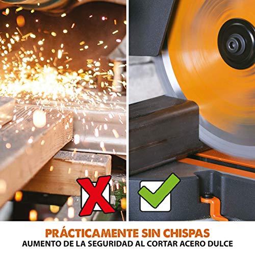 Evolution Power Tools - R210SMS-300+ Ingletadora deslizante multimaterial de 210 mm (230 V), con paquete plus, Corta acero dulce, aluminio, plástico, madera con clavos incrustados