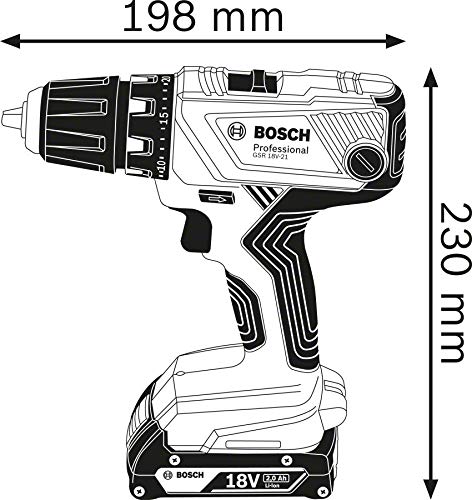 Bosch Professional 18V System GSR 18V-21 - Atornillador a batería (55 Nm, Ø máx. tornillo 10 mm, 2 baterías x 2,0 Ah, en L-BOXX)