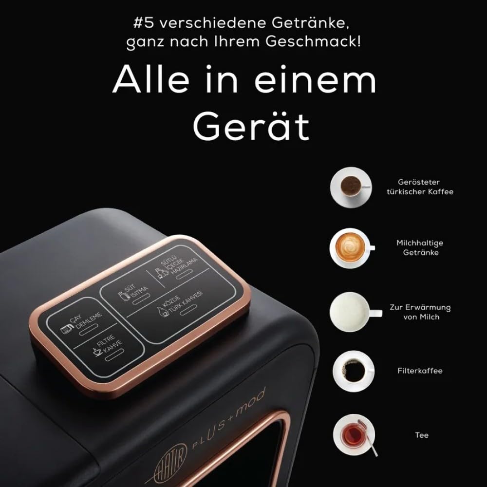 KARACA Hatır Plus Mod 5 en 1, 750 ml, té/café filtro y cafetera turca Black Copper, para café, té, leche y café turco, 1385 W, 5 + 5 tazas