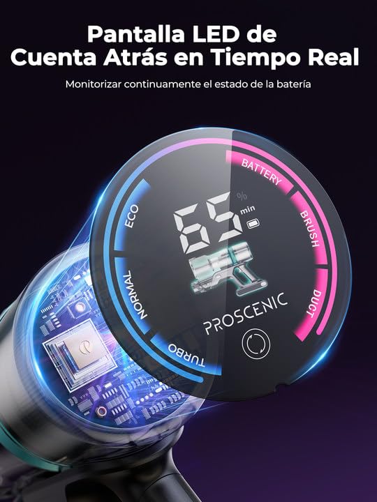 Proscenic P16 Aspiradora sin Cable 55Kpa/550W/65Mins, Aspiradora Escoba Vertical con Tubo Plegable, Cepillo Anti-Enredo y Pantalla Táctile LED para Suelo/Alfombra/Pelos de Mascotas