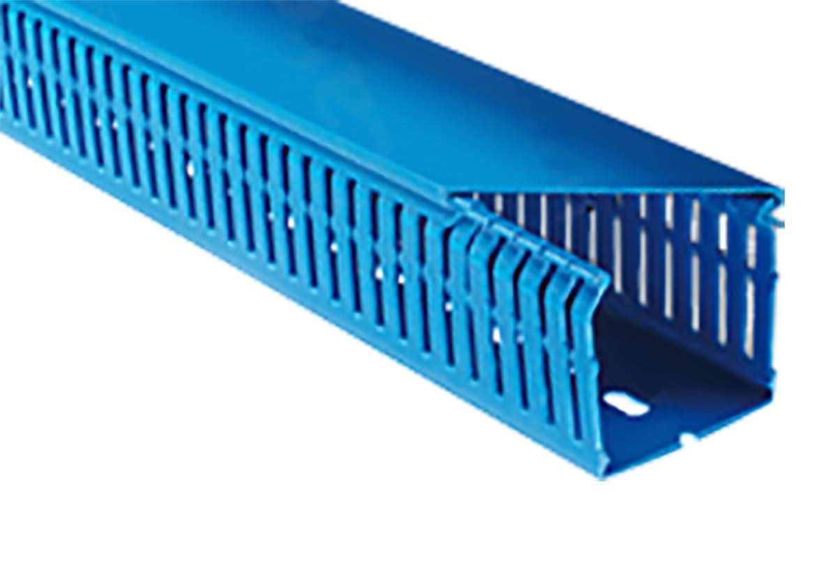 RS PRO Canal de cableado azul, 80 mm x 80 mm, longitud de 2 m, plástico, pared lateral abierta, paquete de 12 unidades