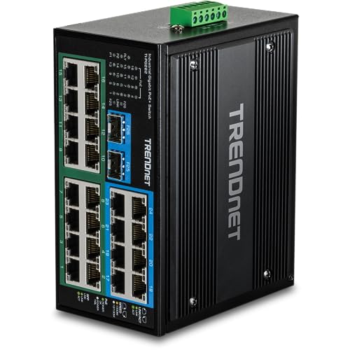 TRENDnet TI-PG262 TI-PG262 - Conmutador Industrial no administrado con 26 Puertos Gigabit PoE+, 8 Puertos Gigabit RJ-45, 2 Puertos SFP, IP30, protección de por Vida, Color Negro