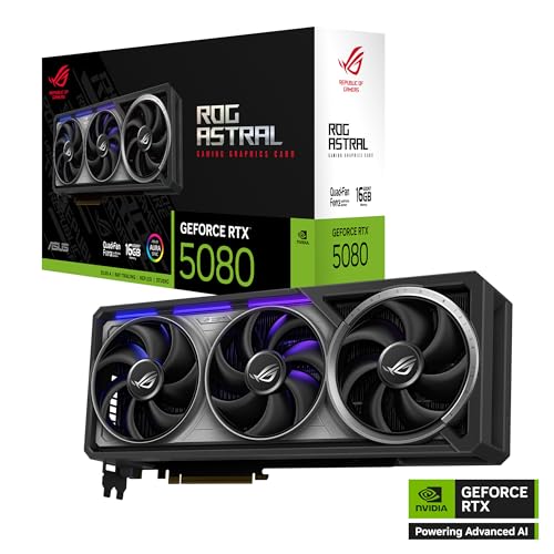 ASUS ROG Astral GeForce RTX 5080 Tarjeta gráfica Gaming (PCIe 5.0, 16GB GDDR7, HDMI/DP 2.1, 3.8 Ranuras, 4 Ventiladores, Axial-Tech, cámara de Vapor, Almohadilla térmica de Cambio de Fase)