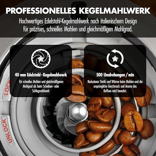 GASTROBACK Barista Molinillo de café eléctrico para máquina portafiltros, grado de molienda ajustable en 30 niveles, molinillo cónico, molinillo de café eléctrico, molinillo de café expreso