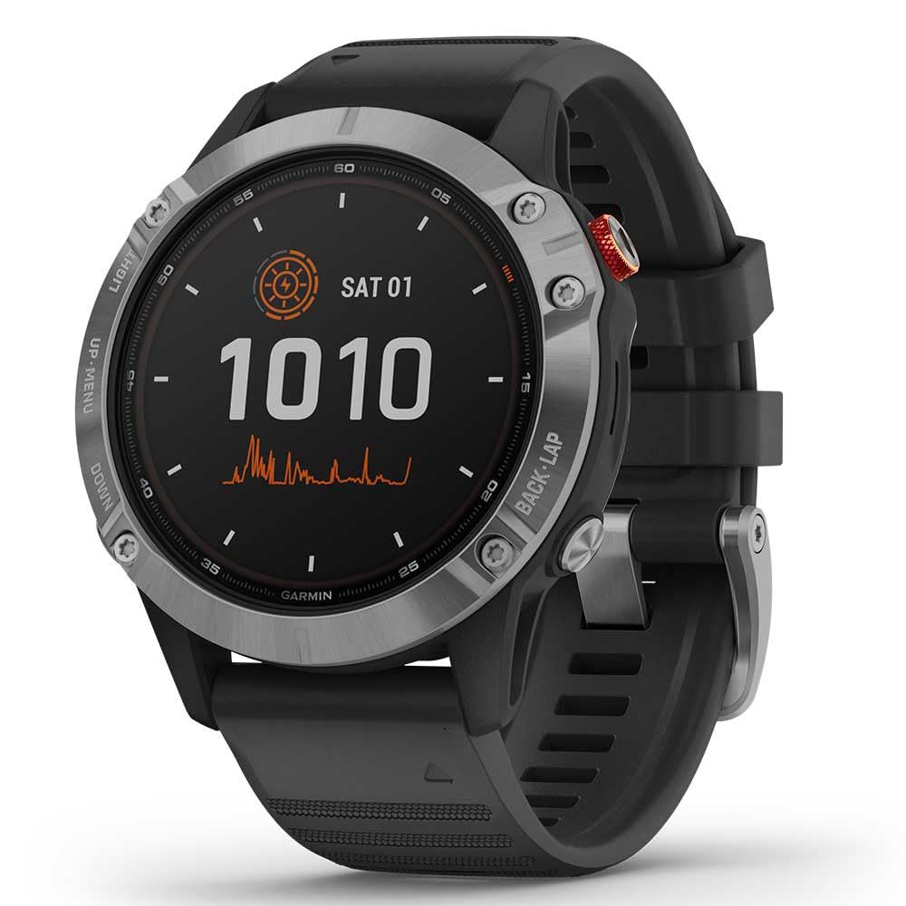 Garmin fēnix 6 Solar - Reloj multideporte avanzado con GPS y carga solar, Plateado con correa negra, Grande