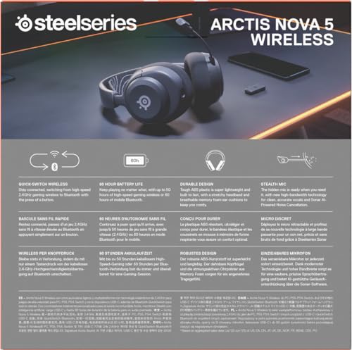 SteelSeries Arctis Nova 5 Cascos gaming inalámbricos PC, PS5, Switch 2, móvil - Controladores magnéticos de neodimio - Más de 100 preajustes de audio - Batería de 60h - 2,4 GHz o BT - Micro Gen2.X