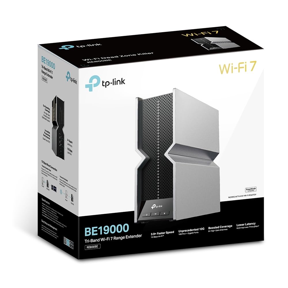 TP-Link RE800BE Extensor de Cobertura WiFi 7 RE800BE, Banda Triple hasta 19 Gbps, Puerto Ethernet de 2.5 Gbps, Tecnología BE19000, Modo Punto de Acceso, Compatible con Todos los Routers WiFi