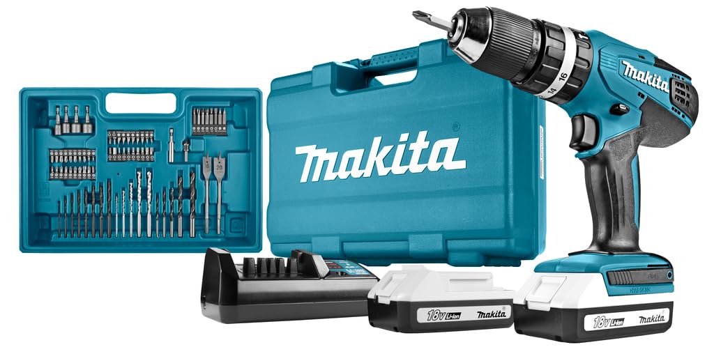 Makita HP457DWE10 Taladro Percutor Batería 18V 2x1.5Ah 74 Accesorios Maletín