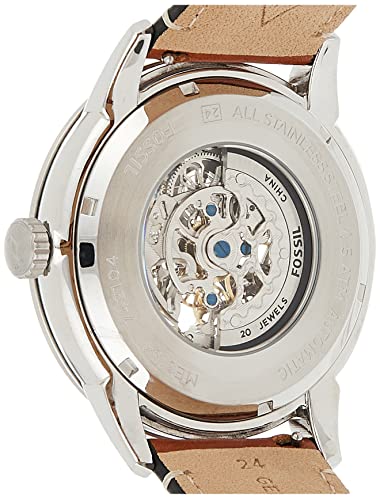 Fossil Reloj para hombre Townsman, movimiento mecánico automático, caja de 48mm de acero inoxidable plateado con correa de piel, ME3154, 48MM, Marrón y Tono Plateado