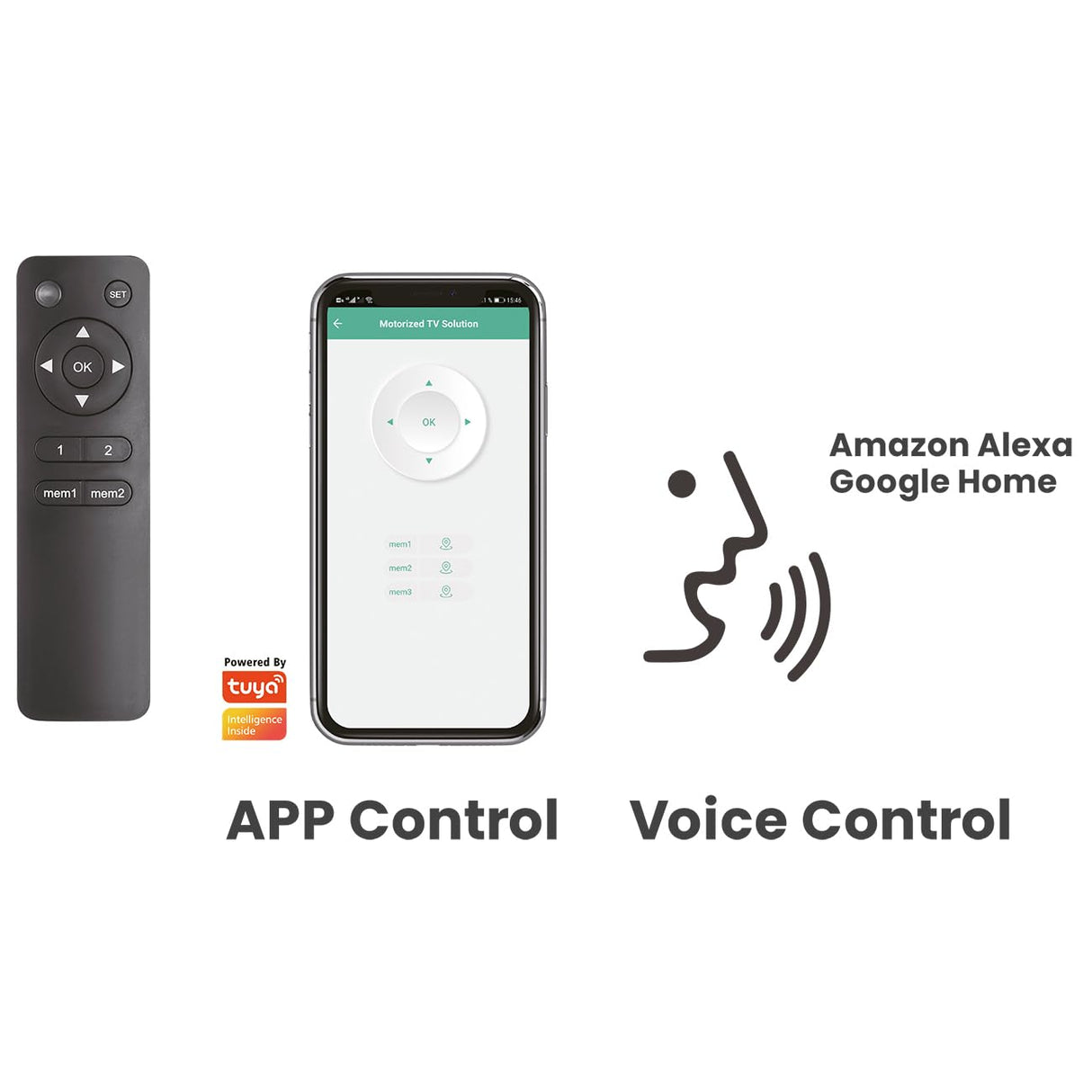 my wall Soporte de techo motorizado para TV - HL49MWL, Smart Home, compatible con Alexa y Google Home, control por voz, soporte de techo eléctrico, plegable, giratorio, mando a distancia o control por