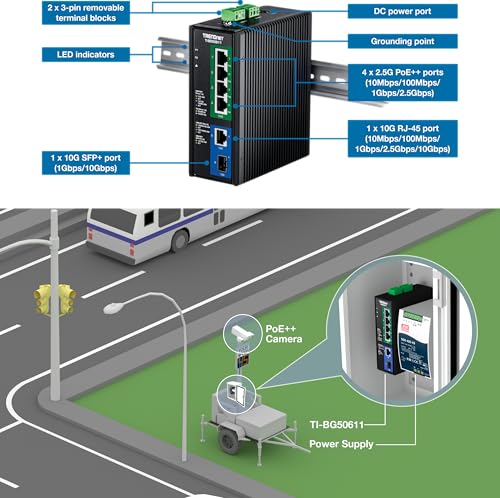 TRENDnet, TI-BG50611, Switch DIN-Rail Industrial PoE++ de 2,5 G y 6 Puertos con Puertos 10 G, Multi-Gigabit, 4 Puertos PoE++ de 2,5 G, 1 Puerto RJ-45 10 G, 1 Puerto SFP+ 10 G