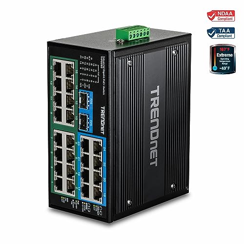 TRENDnet TI-PG262 TI-PG262 - Conmutador Industrial no administrado con 26 Puertos Gigabit PoE+, 8 Puertos Gigabit RJ-45, 2 Puertos SFP, IP30, protección de por Vida, Color Negro