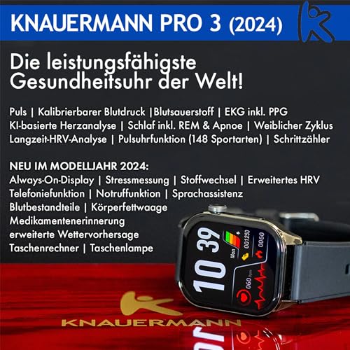 Knauermann Pro 3 (2024) Negro – Reloj Sanitario Inteligente con función telefónica – sensores OSRAM – función ECG + HRV – BT Bluetooth – apnea del sueño – presión Arterial – Correa de Silicona,