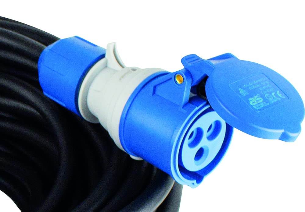 as - Schwabe - Cable alargador para exteriores CEE de 25 m con nuevo indicador de tensión powerlight, enchufe y toma de corriente CEE, 3 polos, 230 V /16 A, protección contra agua - IP44, negro