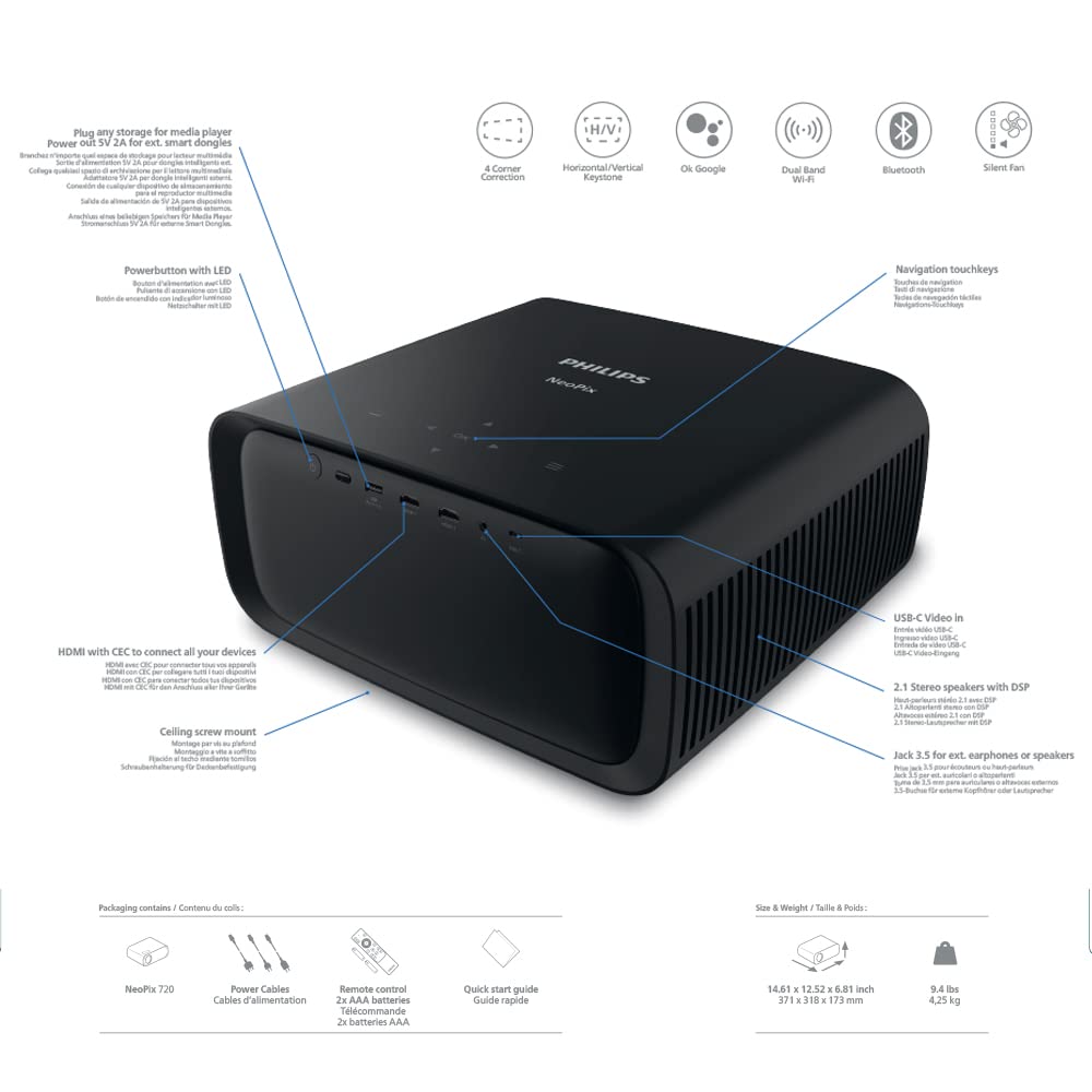 Philips NeoPix 720, proyector True Full HD 1080p con Android TV y Chromecast Integrados, HDMI y USB-C, Sonido Potente y Ultra Luminoso