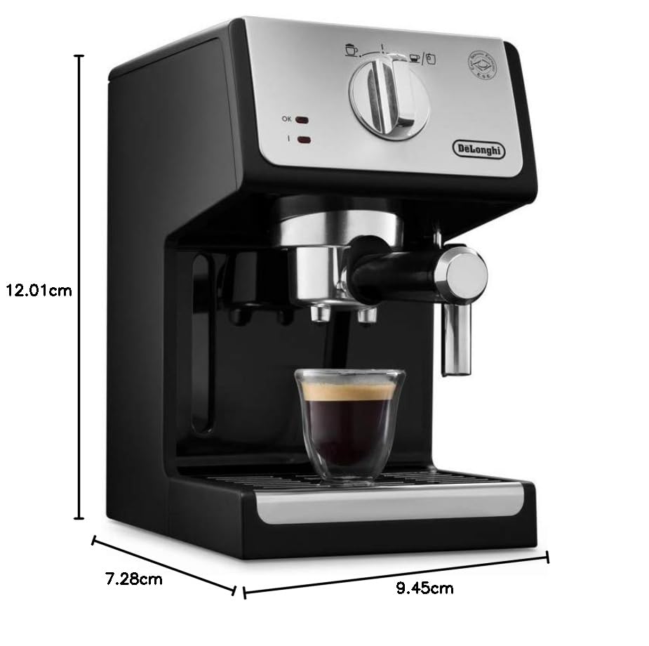 De'longhi - Cafetera de Bomba Tradicional para Espresso y Cappuccino, para Café Molido y Monodosis, 2 Tazas Simultáneamente, Depósito de Agua de 1.1l, 1100 W, ECP 33.21, Negro y Plata