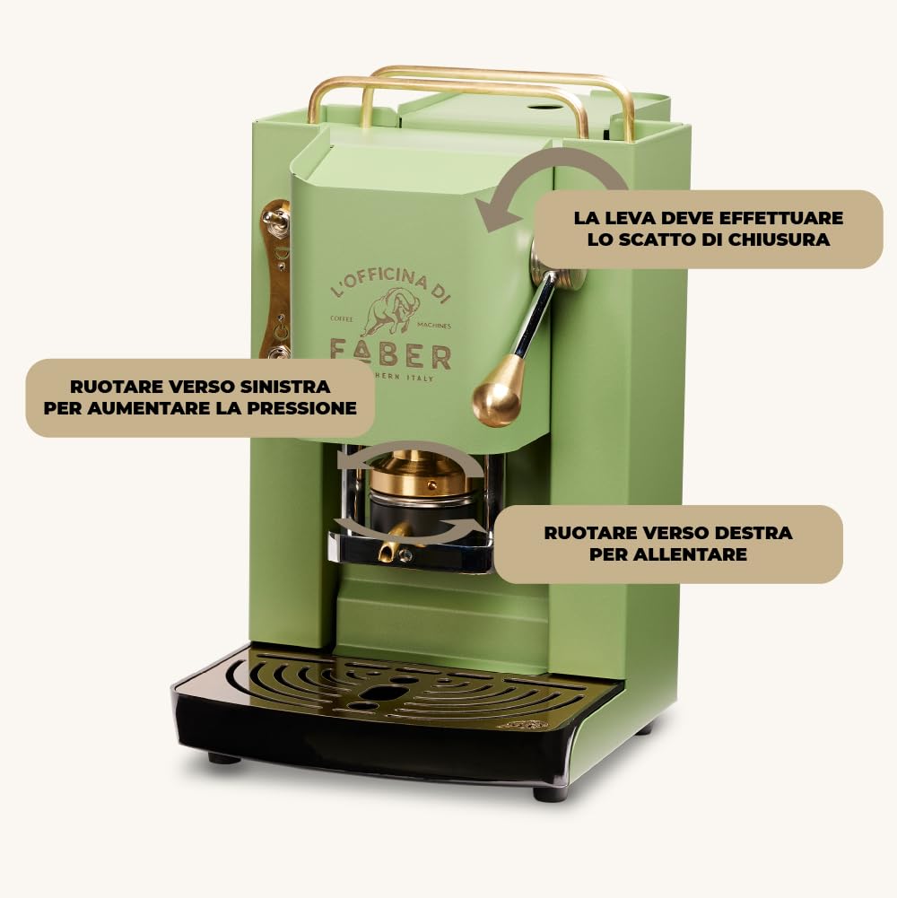 Cafeteras Faber modelo Pro Deluxe, cafetera en monodosis ESE 44 mm, acabado con revestimiento de latón, prensa de cápsulas ajustable de latón, electroválvula estándar (verde neón)