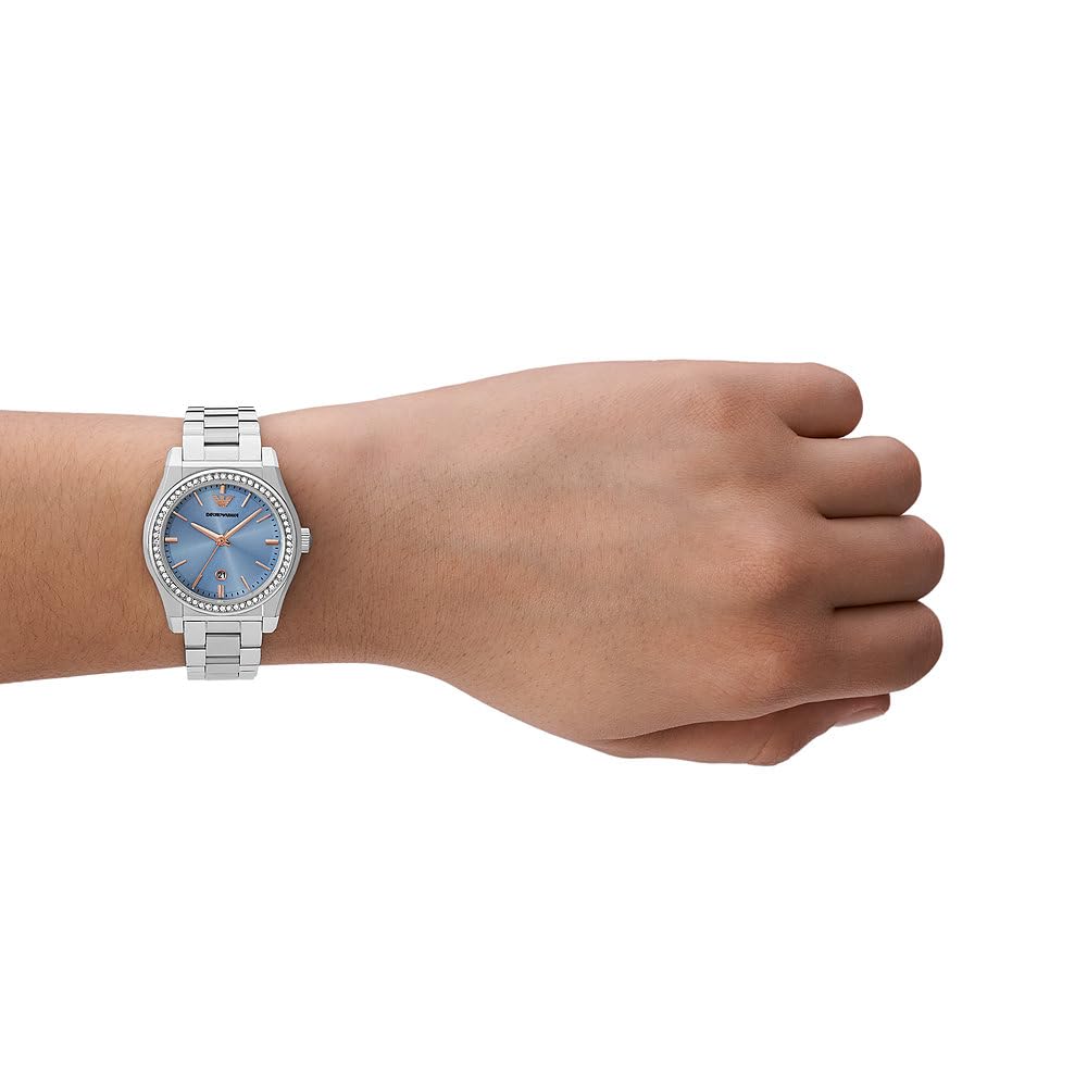 Emporio Armani Reloj para mujer de acero inoxidable con tres agujas y fecha, AR11593, Tono plata y azul