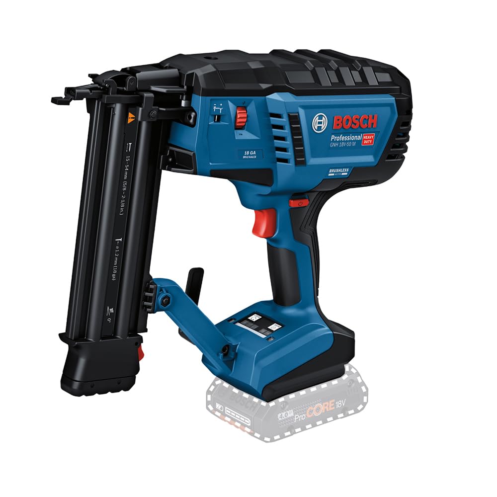 Bosch Professional 18V System clavadora madera batería GNH 18V-50 M (modo disparo por impacto simple, apto para clavos: 16-54 mm, 1,2 mm y ángulo de clavado de 0°, sin baterías ni cargador)