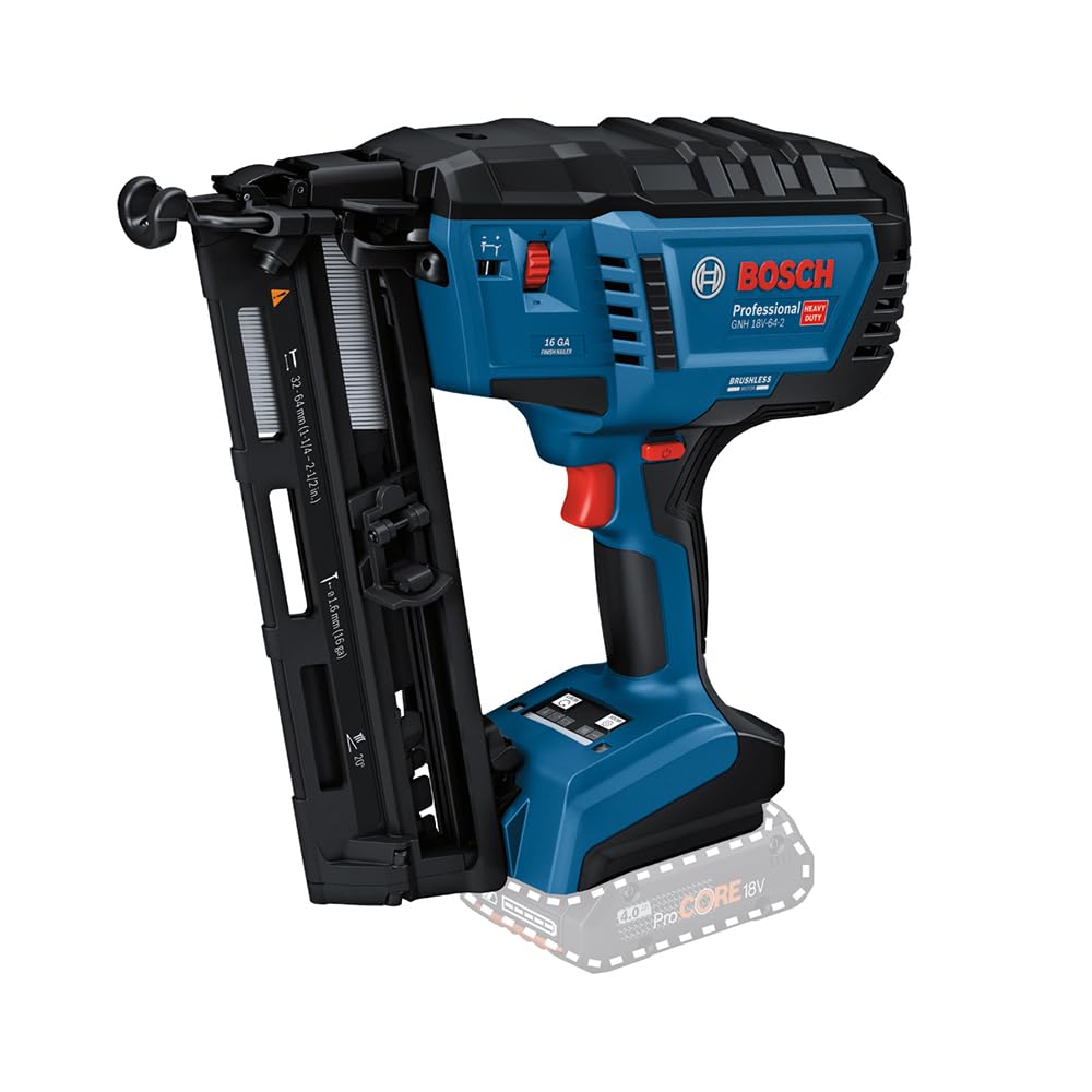 Bosch Professional 18V System clavadora madera batería GNH 18V-64-2 (modo disparo simple, apto para clavos: 32-64 mm, 1,8 mm y ángulo clavado de 20°, sin baterías ni cargador)