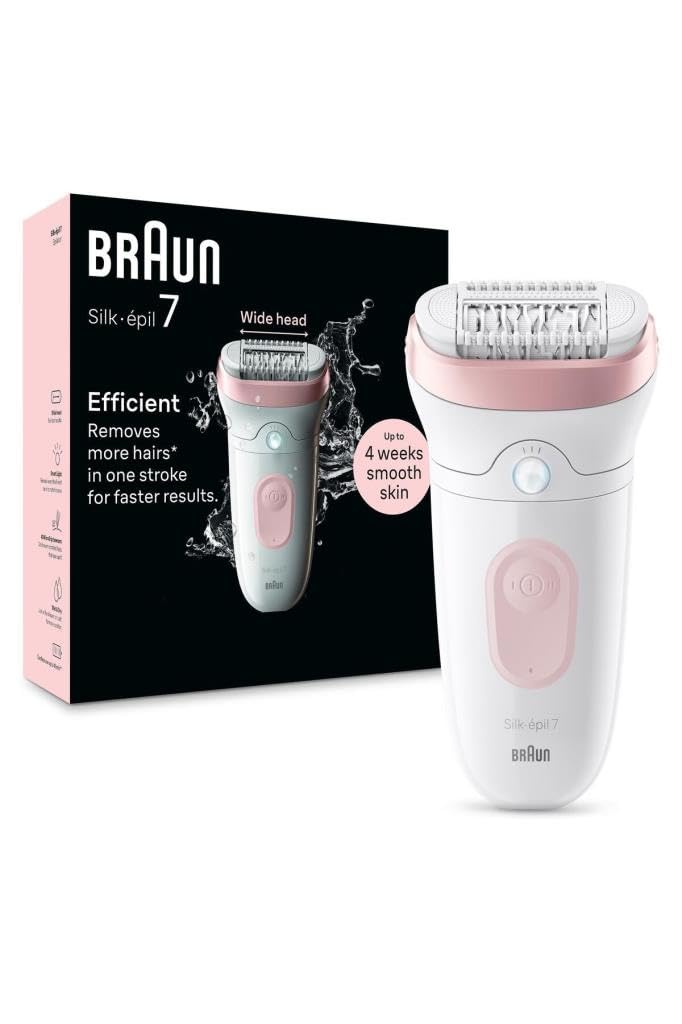 Braun Silk-épil 7 Depiladora Mujer, Depiladora Eléctrica Mujer Con Cabezal Amplio Para Una Depilación Simple, Wet & Dry, Piel Lisa Larga Dura, 7-000, Blanco/Rosa