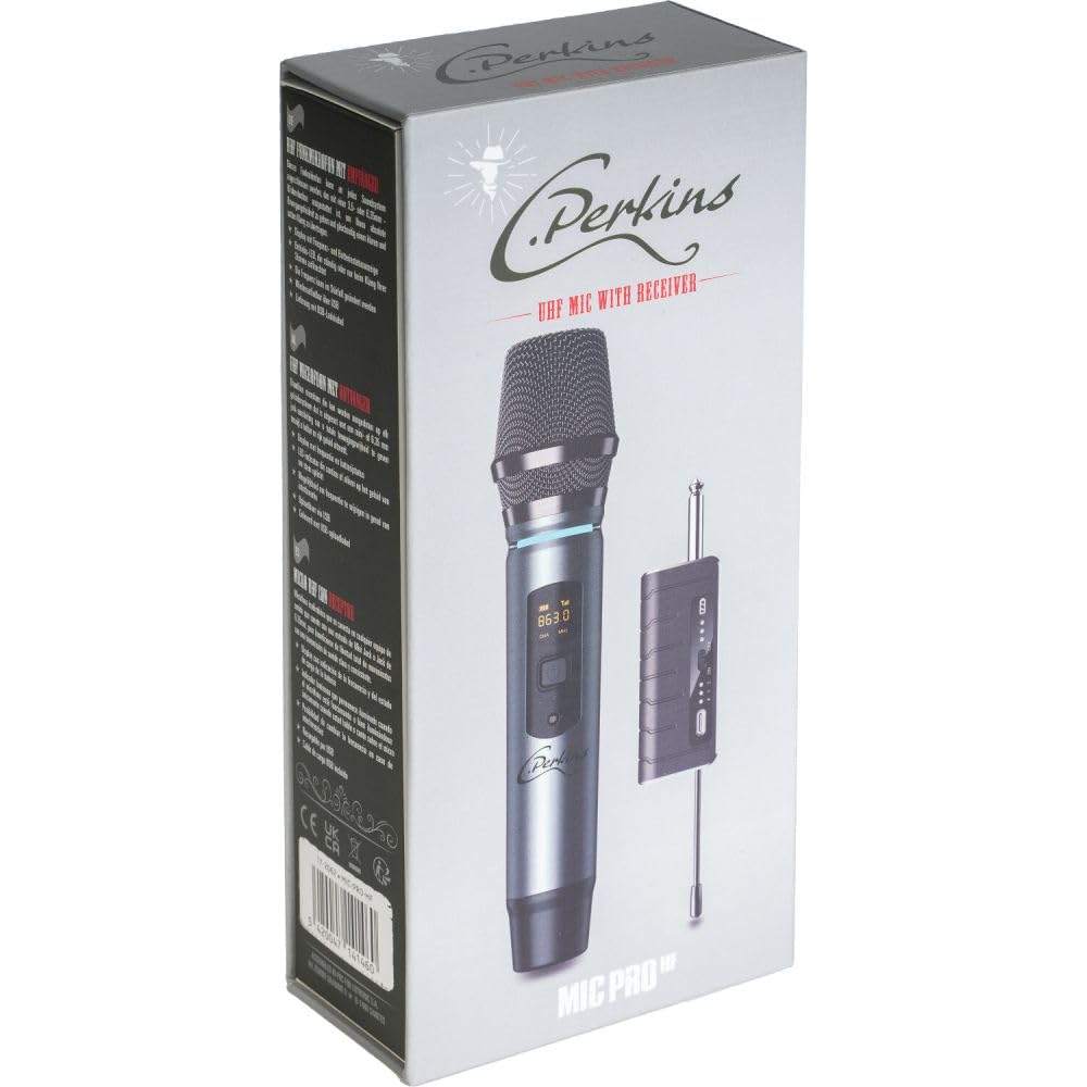C.Perkins - Mic-Pro-HF - Micrófono de Mano inalámbrico UHF a Pilas y Receptor Jack de 6,35 mm - UHF 863-865MHz - Metal Gris