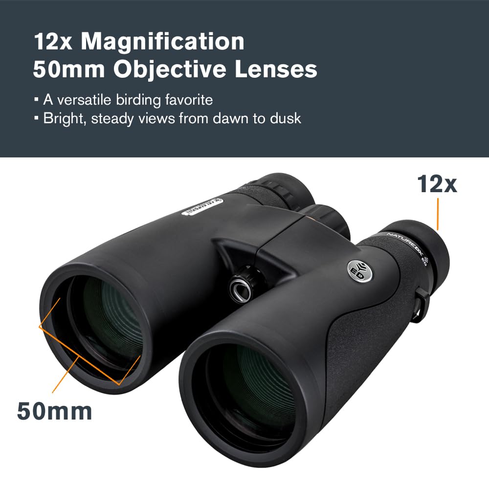 Celestron 72336 Nature DX ED 12x50: prismáticos con lentes objetivo con dispersión baja, exteriores y aves, revestimiento múltiple completo y prismas BaK-4, carcasa revestida resistente al agua y vaho