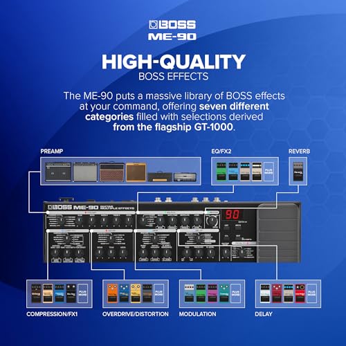 Multiefectos de guitarra BOSS ME-90 | Procesador de guitarra todo en uno | 11 modelos de ampli AIRD integrados | 60 efectos procedentes del GT-1000 | 8 conmutadores de pedal multifunción