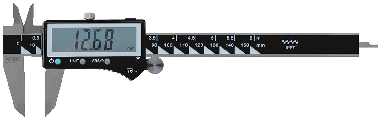 Calibre pie de rey digital DIN 862, sistema absoluto, IP67, precisión milimétrica, medición interna y externa, ideal para trabajos de mecánica y metalurgia.