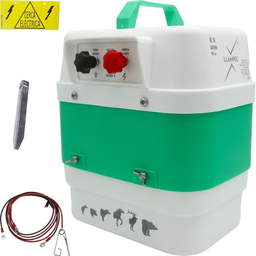 Pastor eléctrico Llampec Mod.16 con batería 12V – 4 J, 9.500 V y 40 km de alcance – Ideal para ganado equino, vacuno, porcino, ovino y animales salvajes – Batería y panel solar no incluidos