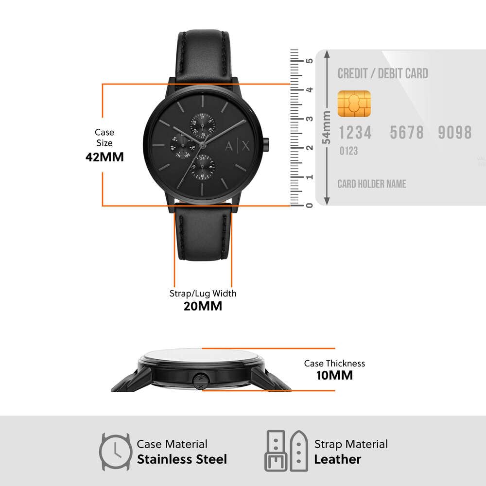 Armani Exchange Reloj para hombre, movimiento multifunción de cuarzo y caja de 42 mm con correa de piel, Negro azabache
