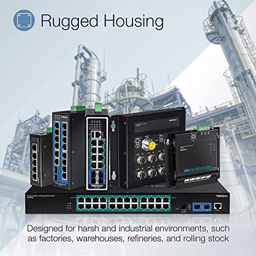 TRENDnet, TI-PG541i, Switch DIN-Rail administrado de Capa 2 PoE+ Gigabit Industrial Reforzado de 6 Puertos, 4 Puertos Gigabit PoE+ 802.3at, 1 Puerto Gigabit, 1 Ranura SFP Gigabit, Consumo de 120 W