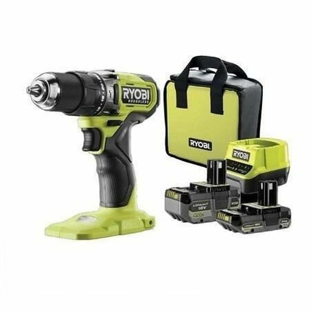 RYOBI ONE+ 18V Taladro percutor sin escobillas – 54 Nm, mandril 13 mm, 2 velocidades (0–450/0–1.700 rpm), 24 posiciones de par – Incluye baterías 2,0 Ah + 4,0 Ah y cargador
