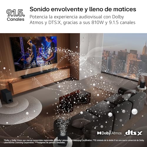 LG S95TR - Barra de Sonido Inteligente, 810W, 9.1.5 Canales, Sonido Envolvente Dolby Atmos y DTS, Amplia Conectividad, Bluetooth, USB, Entrada Óptica, Negro