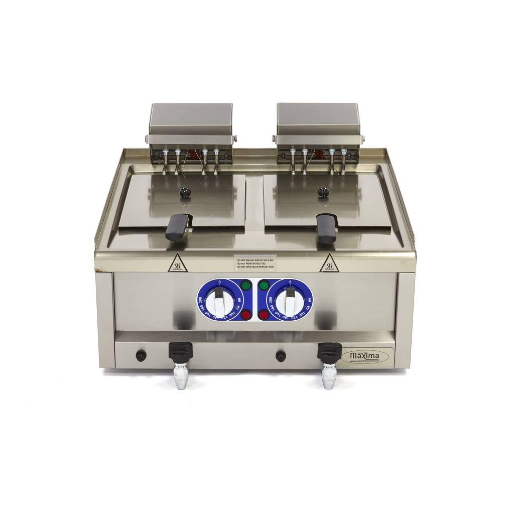 Maxima Freidora eléctrica de clase comercial Gastro, 2 x 10 l de aceite, 600 x 600 mm de profundidad, con zona fría y grifo de drenaje, 2 x 6000 W