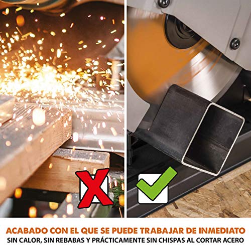 Evolution Power Tools - R355CPS Sierra tronzadora multimaterial, Corta acero dulce, aluminio, plástico, incluso madera con clavos incrustados, 355 mm