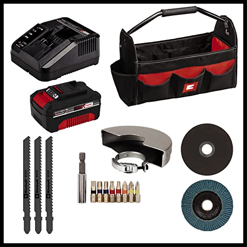 Einhell Taladro con batería TE-CD 18/40 Li + amoladora angular con batería TC-AG 18/115 Li + sierra de calar con batería TC-JS 18 Li Power X-Change (18V, incl. 1 batería de 4,0Ah, cargador, bolsa)