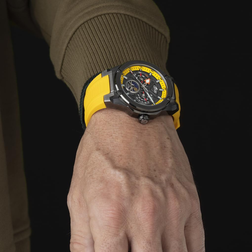 Lotus Reloj Hombre 18946/1 Vortex con Fase Lunar Caja de Acero Inoxidable 316l Negro Correa de Caucho Amarillo