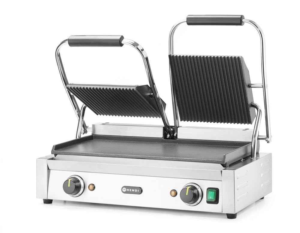 HENDI Parrilla Eléctrica de Contacto Doble, Grill/Plancha Panini y Sandwichera Profesional, Placas Acanaladas y Lisas de Hierro Fundido Esmaltado, 230V, 3600W, 570x375x(H)216mm, Acero Inoxidable