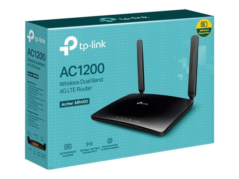 TP-Link Archer MR400 - Router 4G LTE WiFi (Cat 4), AC1200 Doble Banda, MicroSim, Antenas Desmontables, Puertos Ethernet WAN/LAN, fácil configuración, Compatible con Todos los operadore