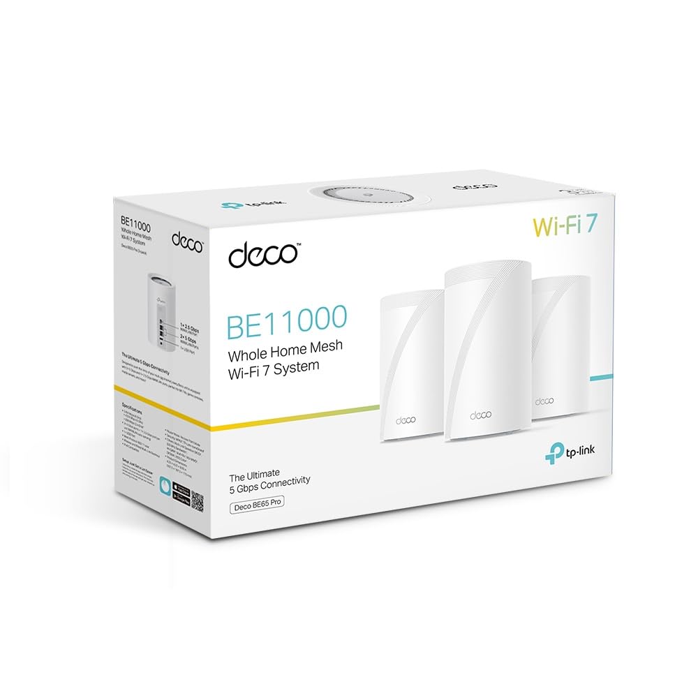 TP-Link WiFi 7 Deco BE65 Pro Router Mesh WiFi, BE9300Mbps Tri-Band, canales 320 MHz, 2 puertos 5Gbps, puerto 2,5 Gbps, Alexa, HomeShield, MLO, funciona con cualquier ISP y módem, 4 antenas internas, 3
