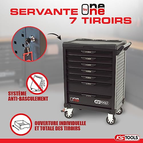 KS Tools 823.0007 One by One - Carro de taller con 7 cajones con sistema antivuelco y 4 ruedas de 125 mm de diámetro, cierre automático de cajones, color negro