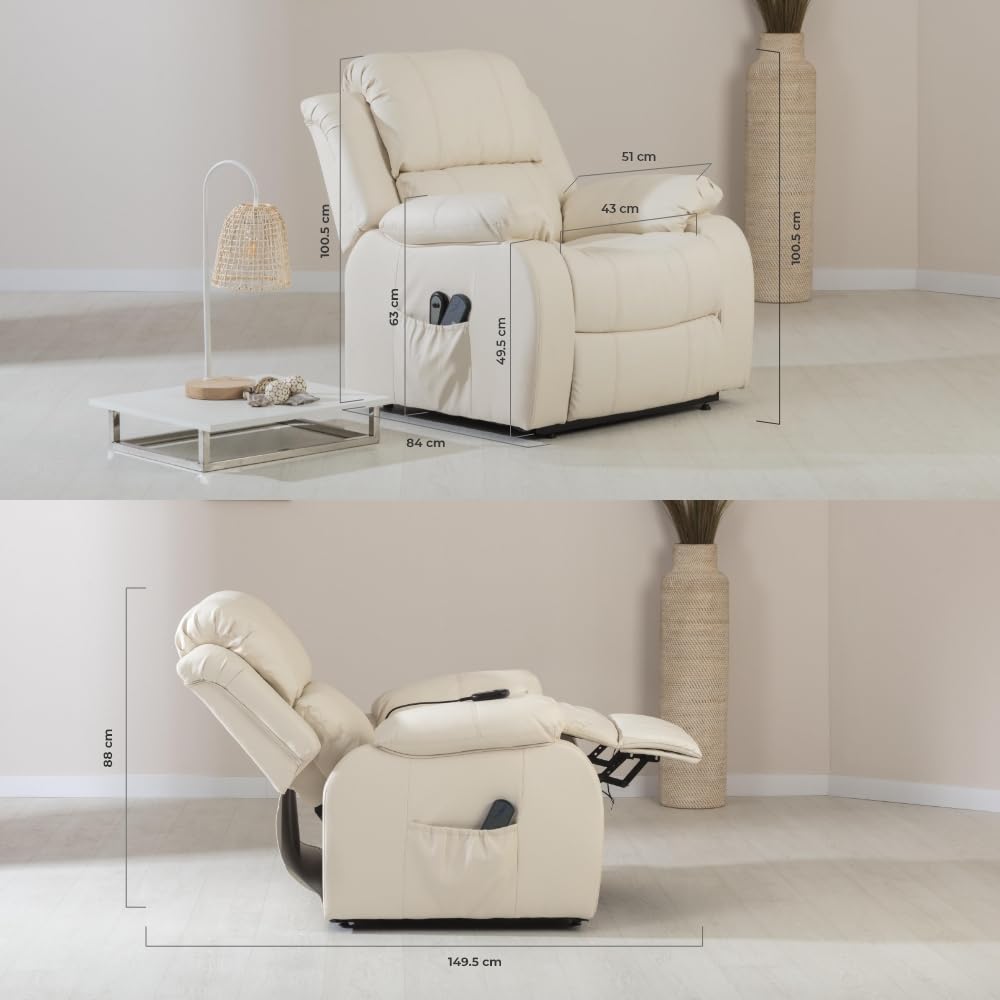 ZZ DON DESCANSO - Sillón Relax Eléctrico Levanta Personas Trevi Crema, Reclinación 160º, 10 Programas, Temporizador, Calor Lumbar, Sist. Masaje 4 Zonas, Acabado PU, Incluye Mando