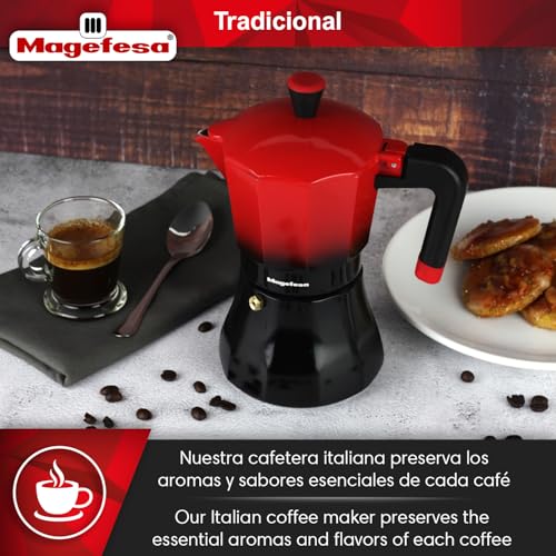 MAGEFESA Tradicional - Cafetera Italiana Negra y Roja, 9 Tazas, 450ml, Acero Inoxidable y Aluminio, Todo Tipo de Cocinas, Induccion, Mango Toque Frío
