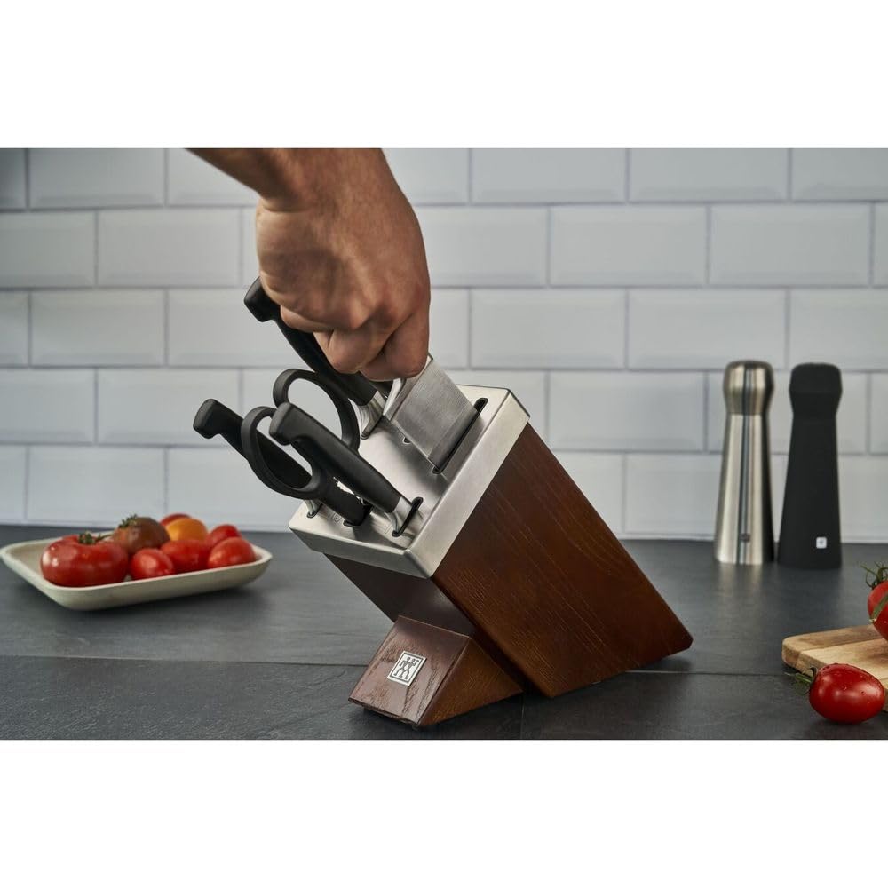ZWILLING Bloque de cuchillos auto-afilables, 7 piezas, bloque de madera, cuchillos y tijeras con mango especial de acero inoxidable/plástico, Four Star