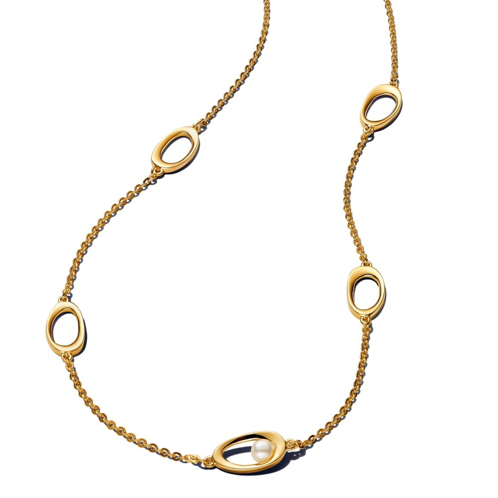 Pandora Essence 363883C01-45 - Collar de plata de ley chapada en oro de 14 quilates, tamaño 45 cm, ovalada y tratada, 45cm, Plata esterlina, Perla