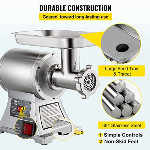 VEVOR Picadora de carne eléctrica 1100 W, capacidad 250kg/h, triturador de carne comercial, material de acero inoxidable para restaurantes supermercados tiendas de restauración rápida carnicerías