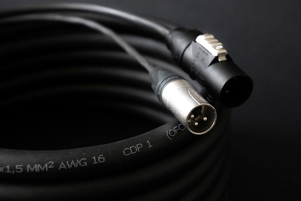 CORDIAL - ELC CPH1.5-DMX1-PWR1-T1 - Cable DMX XLR 3 pines + Powercon True1-1,5 m, Conectores NAC3 h/m X W TOP L + XLR NC3 XX h/m - 1,50 mm²