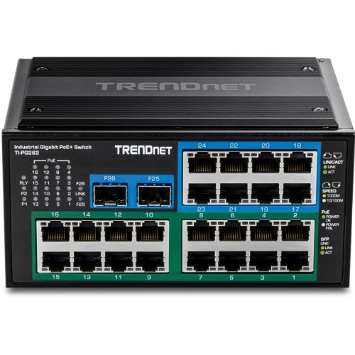 TRENDnet TI-PG262 TI-PG262 - Conmutador Industrial no administrado con 26 Puertos Gigabit PoE+, 8 Puertos Gigabit RJ-45, 2 Puertos SFP, IP30, protección de por Vida, Color Negro